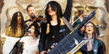 A collage of all the musicians featured in Far East Groove, including the band’s leader, Yasuharu Takanashi, in the foreground. The photos are snapshots of the musicians whilst they are performing. In the background, a mural of dragons can be seen. © Team-MAX INC.