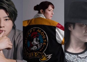 Collage of three photos with on it anisong singers Kota Shinzato, dressed in grey and posing whilst leaning on his hand; Diana Garnet, standing with her back to the camera and wearing a Mickey Mouse jacket; and mpi, dressed in black and white and wearing a black hat that hides part of his face (from left to right).
