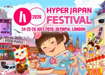 Poster Artwork for HYPER JAPAN Festival 2026, consisting of an illustration with mascot Nacchan dressed in a yukata while enjoying takoyaki and holding a video game controller. She is surrounded by the booths that offer Japanese food and drinks, maneki neko, race car, Gundam, a main stage with a performer and a big audience and Big Ben, representing what you can do at the Japanese culture festival in London.