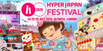 Poster Artwork for HYPER JAPAN Festival 2026, consisting of an illustration with mascot Nacchan dressed in a yukata while enjoying takoyaki and holding a video game controller. She is surrounded by the booths that offer Japanese food and drinks, maneki neko, race car, Gundam, a main stage with a performer and a big audience and Big Ben, representing what you can do at the Japanese culture festival in London.