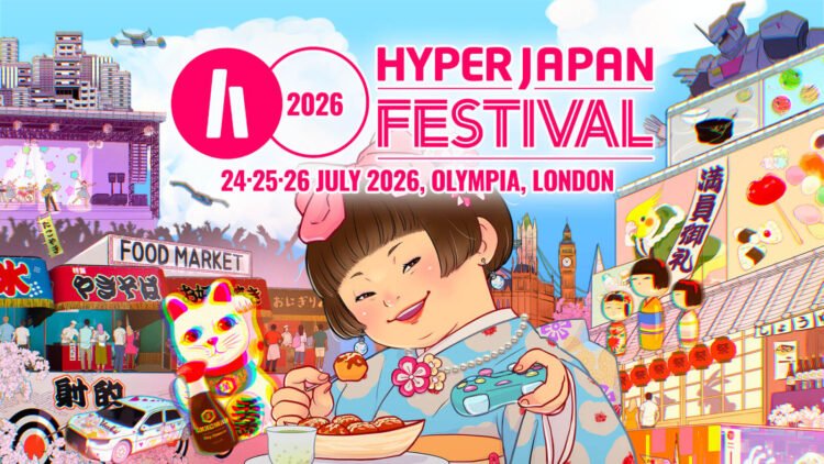 Poster Artwork for HYPER JAPAN Festival 2026, consisting of an illustration with mascot Nacchan dressed in a yukata while enjoying takoyaki and holding a video game controller. She is surrounded by the booths that offer Japanese food and drinks, maneki neko, race car, Gundam, a main stage with a performer and a big audience and Big Ben, representing what you can do at the Japanese culture festival in London.
