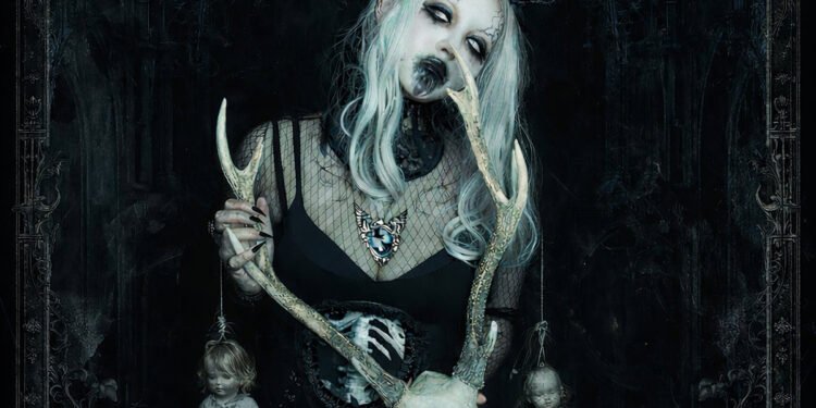 EP artwork cover for Godfrost's EP release 'Hanging Doll'. It is a monochrome photo of a woman with long hair, dressed in a black dress with a gothic theme. It has eerie elements with dark makeup and lenses that makes her eyes white. She is holding horns whanging dolls attached to them.